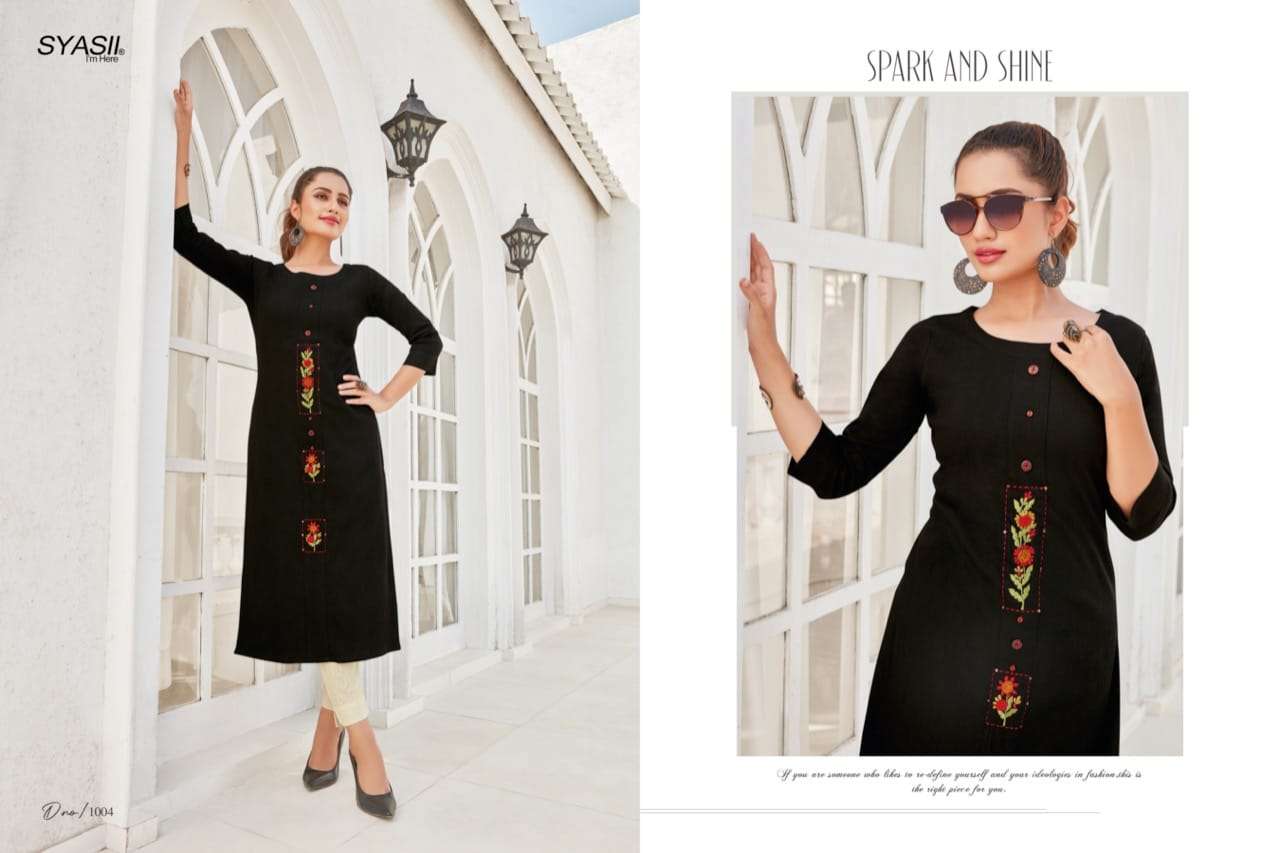 ANCY BY SYASII 1001 TO 1006 SERIES DESIGNER STYLISH FANCY COLORFUL BEAUTIFUL PARTY WEAR & ETHNIC WEAR COLLECTION RAYON SLUB LYCRA KURTIS AT WHOLESALE PRICE