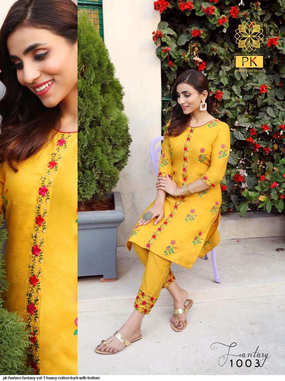FASHION FANTASY VOL-1 BY PK 1001 TO 1005 SERIES BEAUTIFUL STYLISH FANCY COLORFUL CASUAL WEAR & ETHNIC WEAR HEAVY COTTON PRINT WITH WORK KURTIS WITH BOTTOM AT WHOLESALE PRICE
