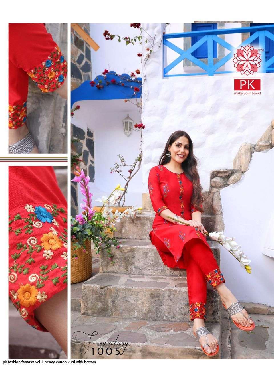 FASHION FANTASY VOL-1 BY PK 1001 TO 1005 SERIES BEAUTIFUL STYLISH FANCY COLORFUL CASUAL WEAR & ETHNIC WEAR HEAVY COTTON PRINT WITH WORK KURTIS WITH BOTTOM AT WHOLESALE PRICE