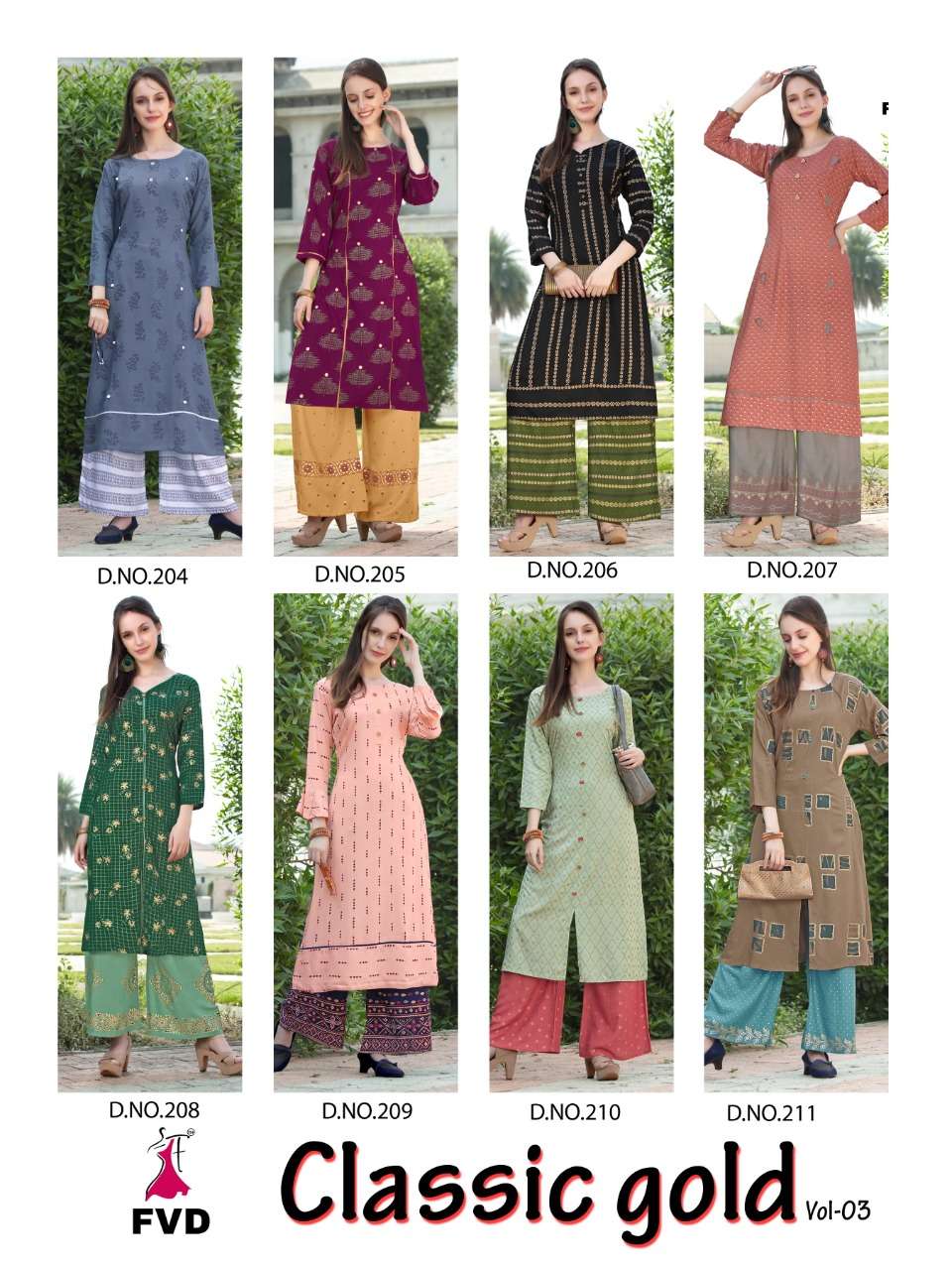 CLASSIC GOLD VOL-3 BY FVD 204 TO 211 SERIES DESIGNER STYLISH FANCY COLORFUL BEAUTIFUL PARTY WEAR & ETHNIC WEAR COLLECTION RAYON FOIL PRINT KURTIS WITH BOTTOM AT WHOLESALE PRICE