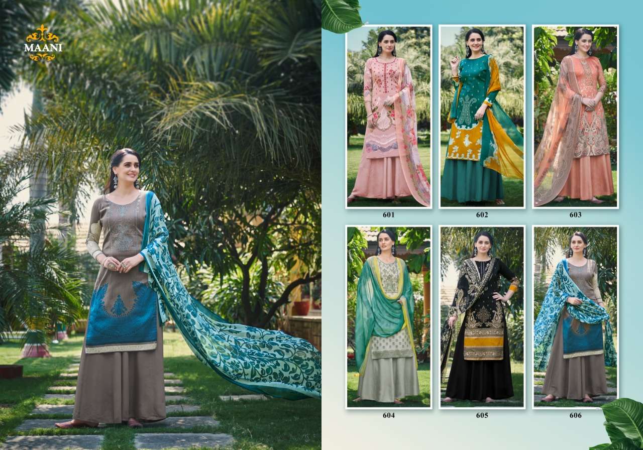 MAANI VOL-6 BY LAVINA 601 TO 606 SERIES BEAUTIFUL SUITS STYLISH FANCY COLORFUL PARTY WEAR & OCCASIONAL WEAR PURE JAM DIGITAL PRINT EMBROIDERED DRESSES AT WHOLESALE PRICE