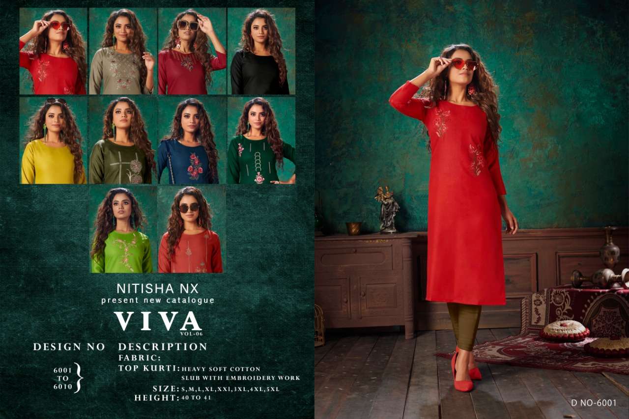 VIVA VOL-6 BY NITISHA NX 6001 TO 6010 SERIES DESIGNER BEAUTIFUL COLORFUL STYLISH FANCY CASUAL WEAR & ETHNIC WEAR & READY TO WEAR HEAVY SOFT COTTON SLUB EMBROIDERED KURTIS AT WHOLESALE PRICE