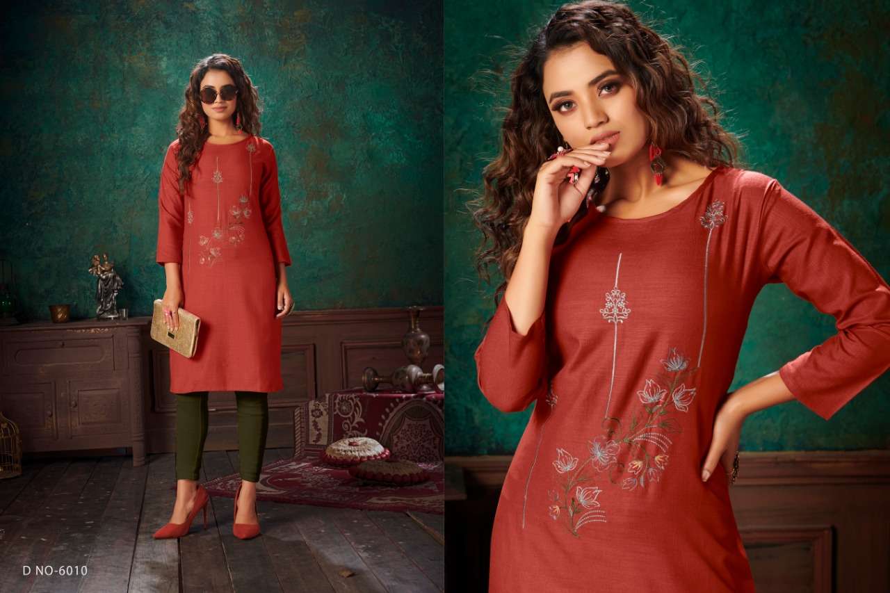 VIVA VOL-6 BY NITISHA NX 6001 TO 6010 SERIES DESIGNER BEAUTIFUL COLORFUL STYLISH FANCY CASUAL WEAR & ETHNIC WEAR & READY TO WEAR HEAVY SOFT COTTON SLUB EMBROIDERED KURTIS AT WHOLESALE PRICE