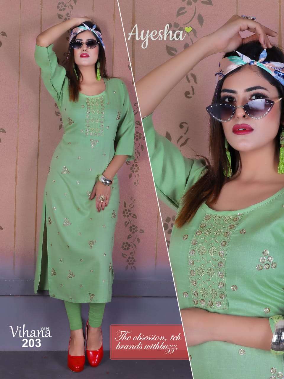 VIHANA VOL-2 BY AYESHA 201 TO 208 SERIES DESIGNER BEAUTIFUL COLORFUL STYLISH FANCY CASUAL WEAR & ETHNIC WEAR & READY TO WEAR RAYON SLUB EMBROIDERED KURTIS AT WHOLESALE PRICE
