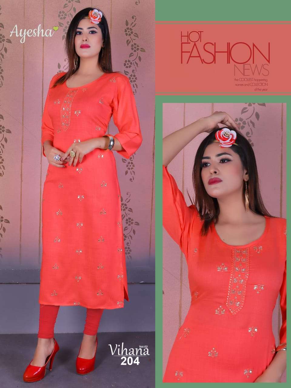 VIHANA VOL-2 BY AYESHA 201 TO 208 SERIES DESIGNER BEAUTIFUL COLORFUL STYLISH FANCY CASUAL WEAR & ETHNIC WEAR & READY TO WEAR RAYON SLUB EMBROIDERED KURTIS AT WHOLESALE PRICE
