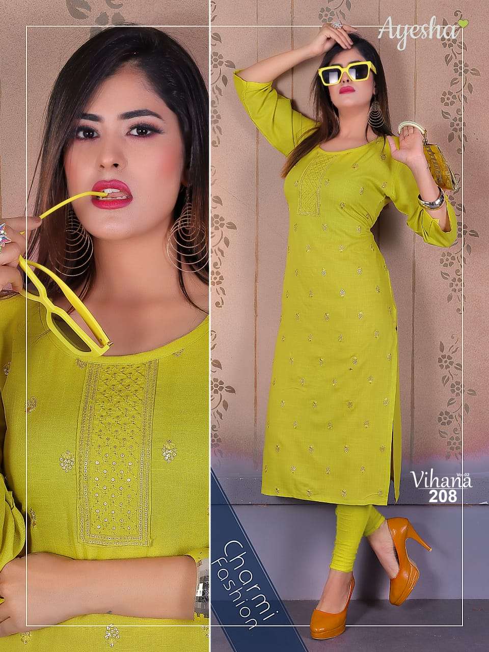 VIHANA VOL-2 BY AYESHA 201 TO 208 SERIES DESIGNER BEAUTIFUL COLORFUL STYLISH FANCY CASUAL WEAR & ETHNIC WEAR & READY TO WEAR RAYON SLUB EMBROIDERED KURTIS AT WHOLESALE PRICE