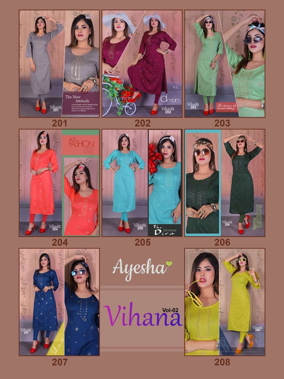 VIHANA VOL-2 BY AYESHA 201 TO 208 SERIES DESIGNER BEAUTIFUL COLORFUL STYLISH FANCY CASUAL WEAR & ETHNIC WEAR & READY TO WEAR RAYON SLUB EMBROIDERED KURTIS AT WHOLESALE PRICE