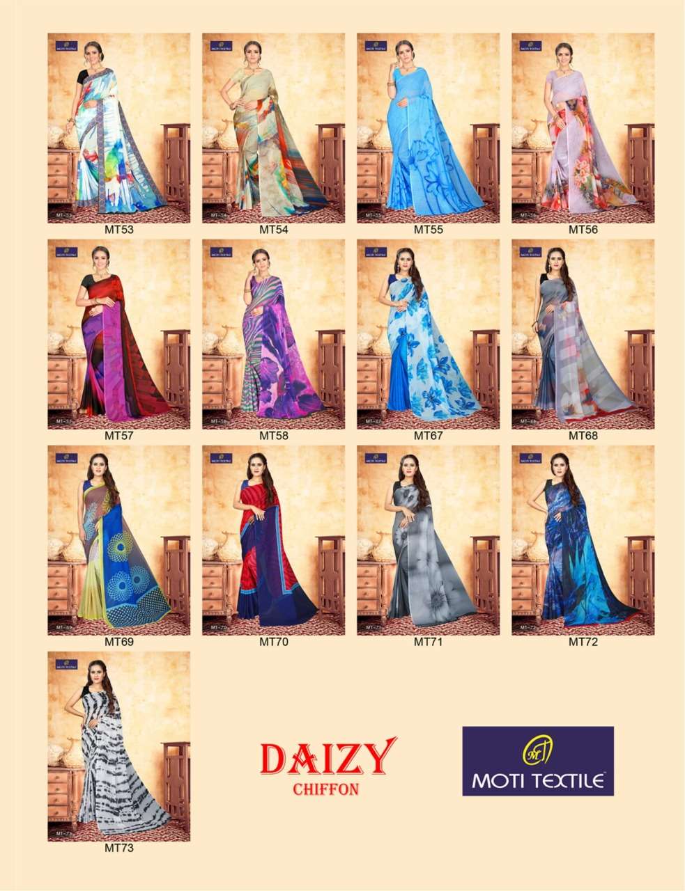 DAIZY CHIFFON BY MOTI TEXTILE INDIAN TRADITIONAL WEAR COLLECTION BEAUTIFUL STYLISH FANCY COLORFUL PARTY WEAR & OCCASIONAL WEAR CHIFFON DIGITAL PRINT SAREES AT WHOLESALE PRICE