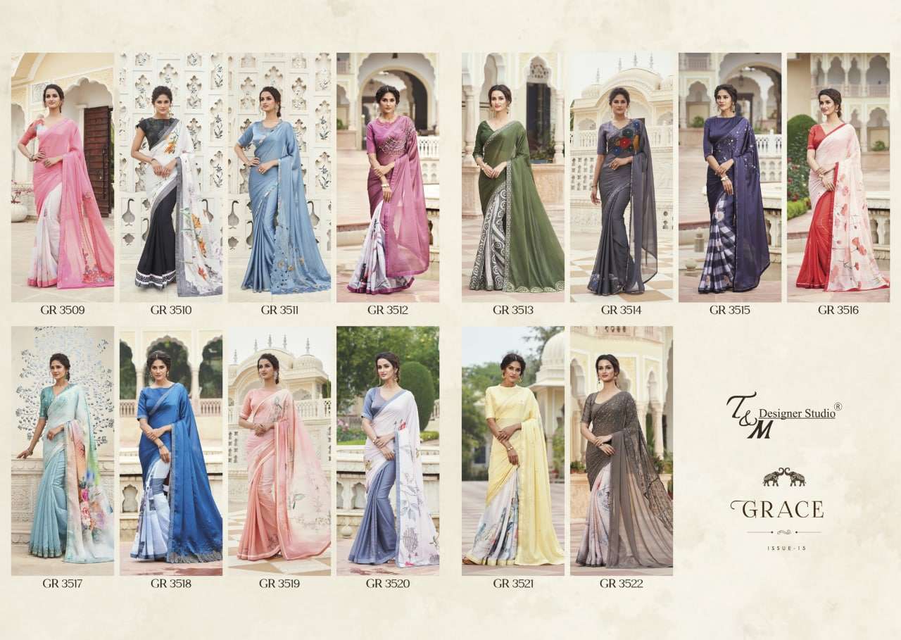 GRACE VOL-15 BY T AND M DESIGNER STUDIO 3509 TO 3522 SERIES INDIAN TRADITIONAL WEAR COLLECTION BEAUTIFUL STYLISH FANCY COLORFUL PARTY WEAR & OCCASIONAL WEAR FANCY SAREES AT WHOLESALE PRICE