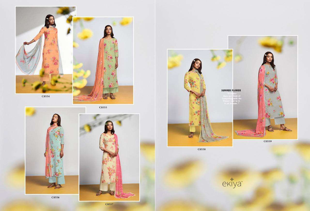 EKIYA SUMMER FLOWER BY GANGA FASHION 554 TO 559 SERIES BEAUTIFUL SUITS COLORFUL STYLISH FANCY CASUAL WEAR & ETHNIC WEAR PURE COTTON LAWN PRINT WITH WORK DRESSES AT WHOLESALE PRICE