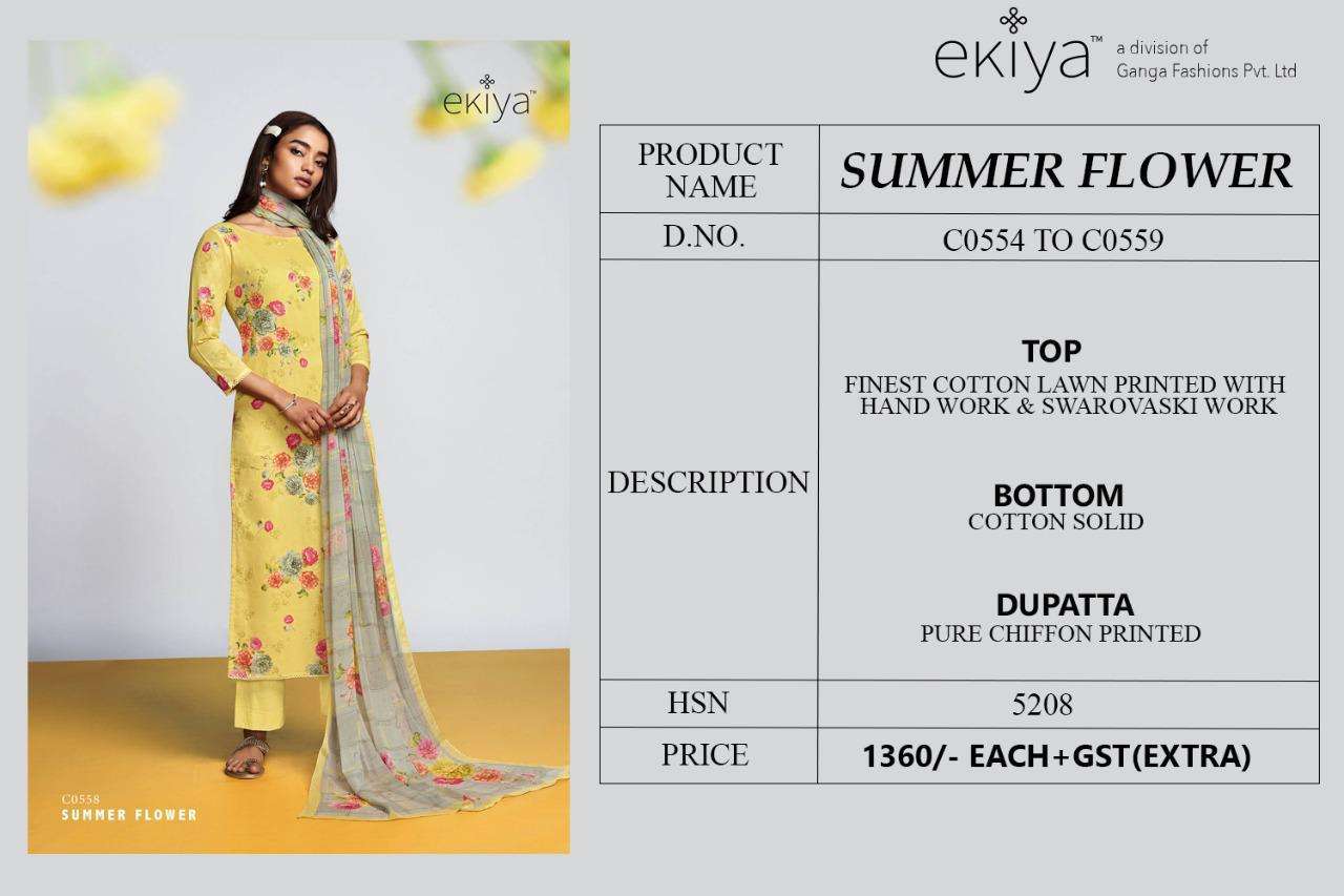 EKIYA SUMMER FLOWER BY GANGA FASHION 554 TO 559 SERIES BEAUTIFUL SUITS COLORFUL STYLISH FANCY CASUAL WEAR & ETHNIC WEAR PURE COTTON LAWN PRINT WITH WORK DRESSES AT WHOLESALE PRICE