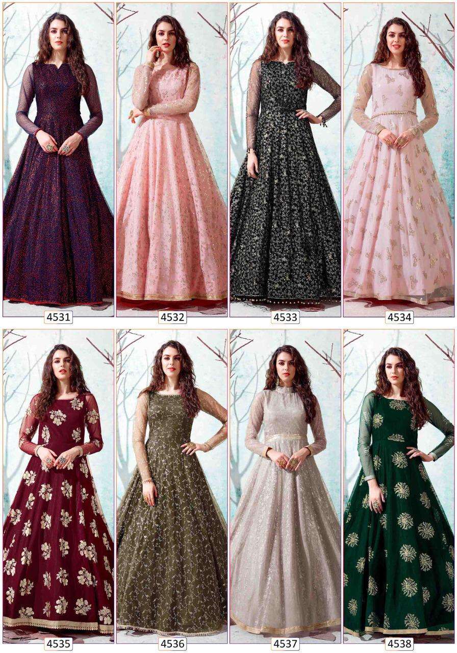 Flory Vol-13 By Shubhkala 4531 To 4538 Series Designer Wedding Collection Beautiful Stylish Fancy Colorful Party Wear & Occasional Wear Net Embroidered Gowns At Wholesale Price