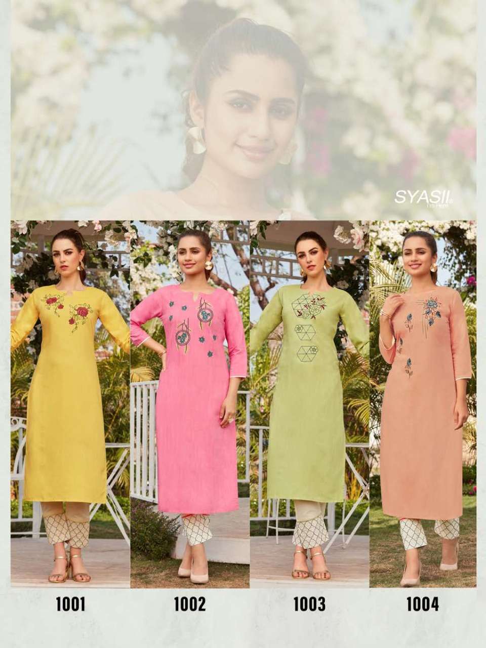MAGICAL BEAUTY BY SYASII 1001 TO 1004 SERIES DESIGNER STYLISH FANCY COLORFUL BEAUTIFUL PARTY WEAR & ETHNIC WEAR COLLECTION RAYON EMBROIDERY KURTIS WITH BOTTOM AT WHOLESALE PRICE