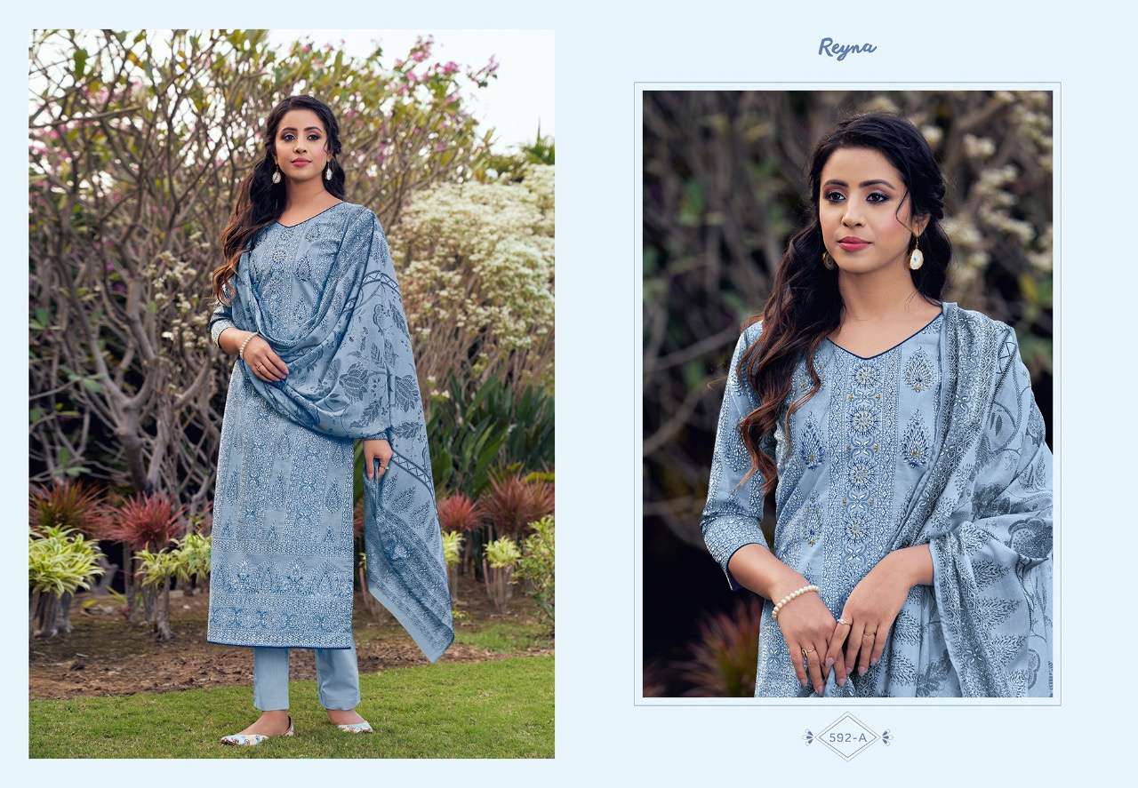 LUCKNOWI VOL-2 BY REYNA 591-A TO 593-B SERIES BEAUTIFUL SUITS COLORFUL STYLISH FANCY CASUAL WEAR & ETHNIC WEAR PURE LAWN COTTON PRINT WITH HANDWORK DRESSES AT WHOLESALE PRICE