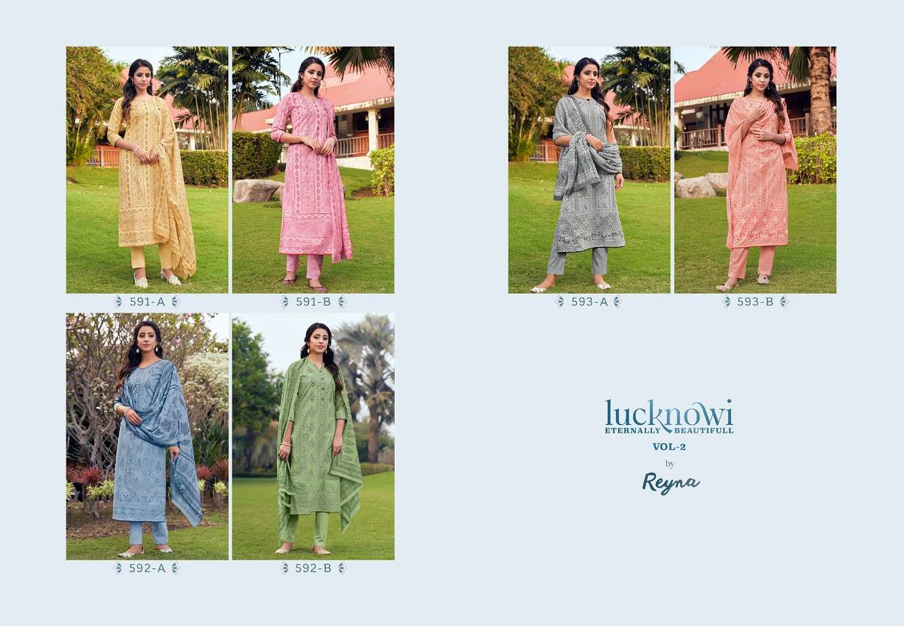 LUCKNOWI VOL-2 BY REYNA 591-A TO 593-B SERIES BEAUTIFUL SUITS COLORFUL STYLISH FANCY CASUAL WEAR & ETHNIC WEAR PURE LAWN COTTON PRINT WITH HANDWORK DRESSES AT WHOLESALE PRICE