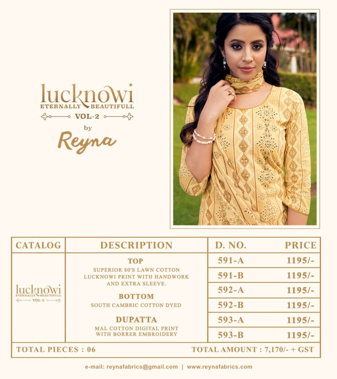 LUCKNOWI VOL-2 BY REYNA 591-A TO 593-B SERIES BEAUTIFUL SUITS COLORFUL STYLISH FANCY CASUAL WEAR & ETHNIC WEAR PURE LAWN COTTON PRINT WITH HANDWORK DRESSES AT WHOLESALE PRICE