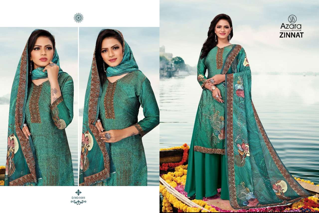 ZINNAT BY AZARA 1001 TO 1004 SERIES BEAUTIFUL STYLISH SHARARA SUITS FANCY COLORFUL CASUAL WEAR & ETHNIC WEAR & READY TO WEAR PURE MUSLIN DIGITAL PRINT DRESSES AT WHOLESALE PRICE