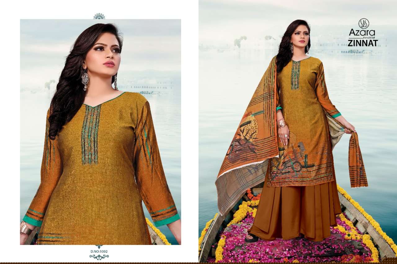 ZINNAT BY AZARA 1001 TO 1004 SERIES BEAUTIFUL STYLISH SHARARA SUITS FANCY COLORFUL CASUAL WEAR & ETHNIC WEAR & READY TO WEAR PURE MUSLIN DIGITAL PRINT DRESSES AT WHOLESALE PRICE