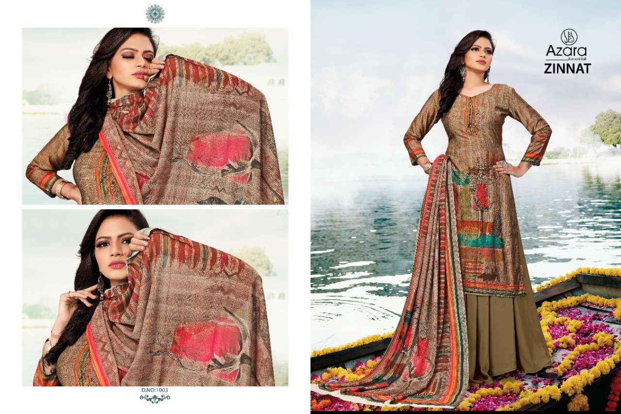 ZINNAT BY AZARA 1001 TO 1004 SERIES BEAUTIFUL STYLISH SHARARA SUITS FANCY COLORFUL CASUAL WEAR & ETHNIC WEAR & READY TO WEAR PURE MUSLIN DIGITAL PRINT DRESSES AT WHOLESALE PRICE