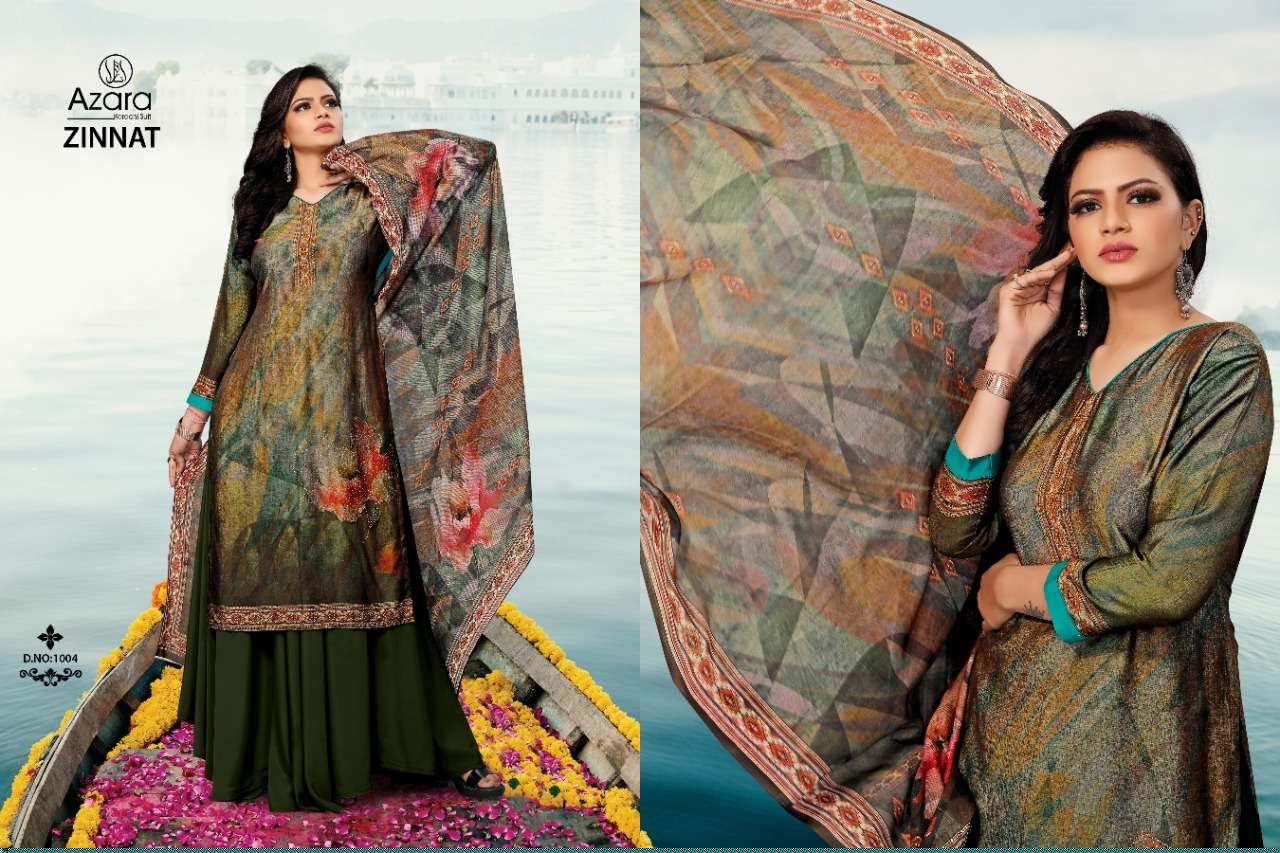 ZINNAT BY AZARA 1001 TO 1004 SERIES BEAUTIFUL STYLISH SHARARA SUITS FANCY COLORFUL CASUAL WEAR & ETHNIC WEAR & READY TO WEAR PURE MUSLIN DIGITAL PRINT DRESSES AT WHOLESALE PRICE