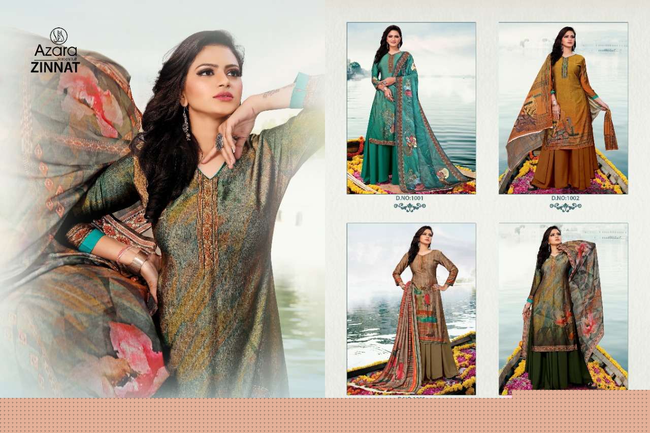 ZINNAT BY AZARA 1001 TO 1004 SERIES BEAUTIFUL STYLISH SHARARA SUITS FANCY COLORFUL CASUAL WEAR & ETHNIC WEAR & READY TO WEAR PURE MUSLIN DIGITAL PRINT DRESSES AT WHOLESALE PRICE