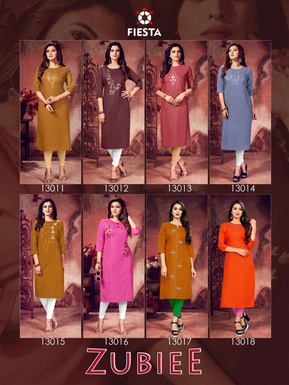 ZUBLEE BY FIESTA 13011 TO 13018 SERIES DESIGNER STYLISH FANCY COLORFUL BEAUTIFUL PARTY WEAR & ETHNIC WEAR COLLECTION SOFT MAGIC SLUB HANDWORK KURTIS AT WHOLESALE PRICE