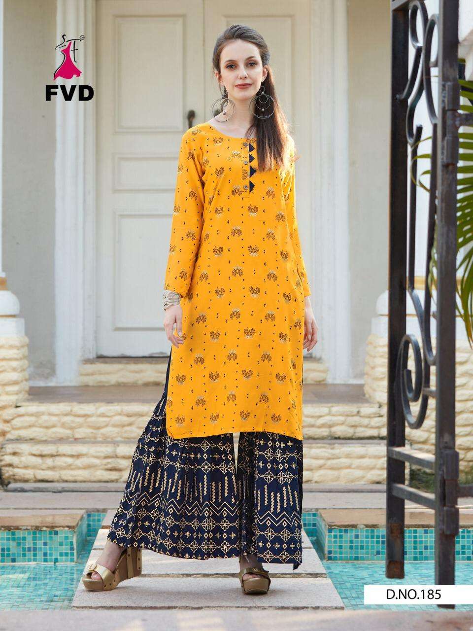 MAGNETIC BY FVD 185 TO 190 SERIES DESIGNER STYLISH FANCY COLORFUL BEAUTIFUL PARTY WEAR & ETHNIC WEAR COLLECTION RAYON FOIL PRINT KURTIS WITH BOTTOM AT WHOLESALE PRICE