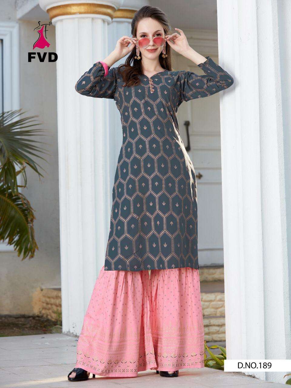 MAGNETIC BY FVD 185 TO 190 SERIES DESIGNER STYLISH FANCY COLORFUL BEAUTIFUL PARTY WEAR & ETHNIC WEAR COLLECTION RAYON FOIL PRINT KURTIS WITH BOTTOM AT WHOLESALE PRICE