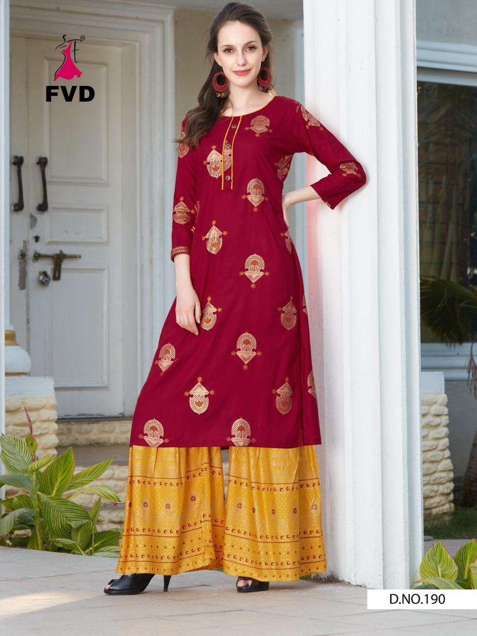 MAGNETIC BY FVD 185 TO 190 SERIES DESIGNER STYLISH FANCY COLORFUL BEAUTIFUL PARTY WEAR & ETHNIC WEAR COLLECTION RAYON FOIL PRINT KURTIS WITH BOTTOM AT WHOLESALE PRICE