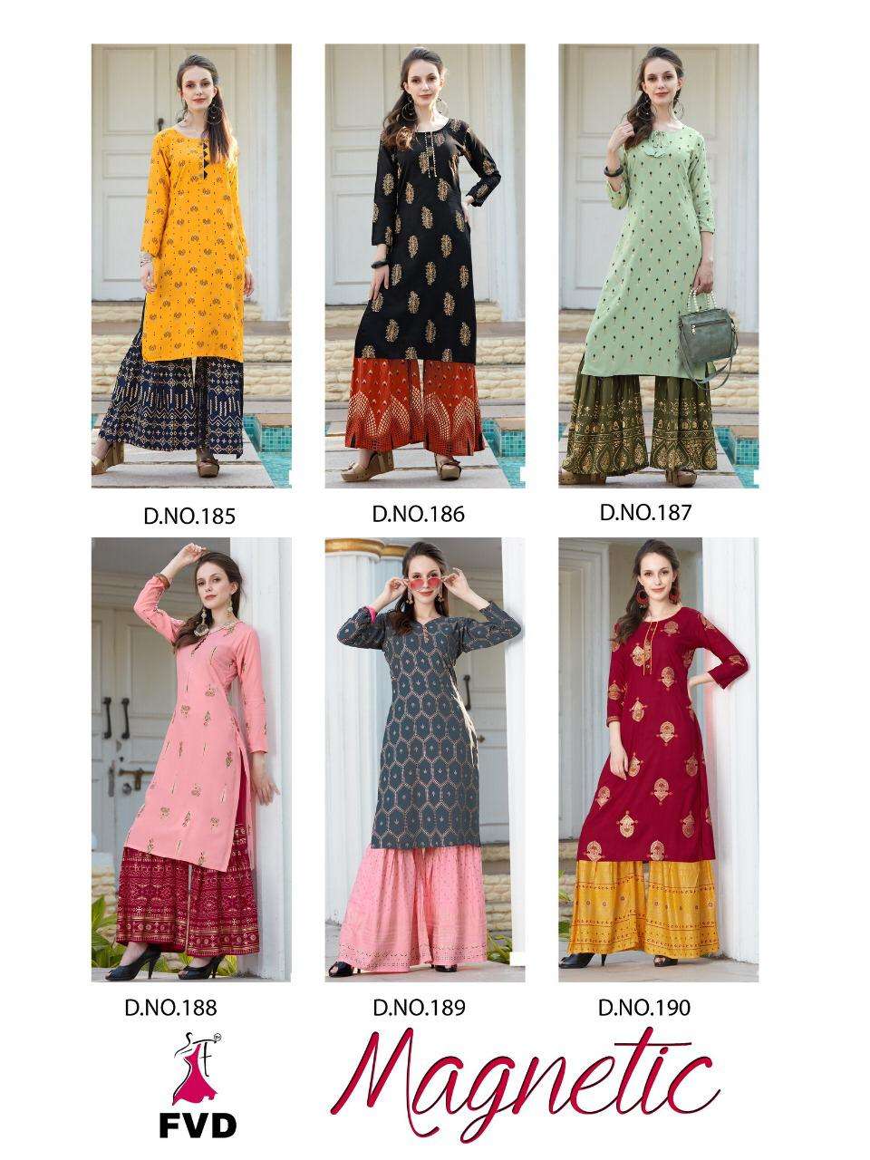 MAGNETIC BY FVD 185 TO 190 SERIES DESIGNER STYLISH FANCY COLORFUL BEAUTIFUL PARTY WEAR & ETHNIC WEAR COLLECTION RAYON FOIL PRINT KURTIS WITH BOTTOM AT WHOLESALE PRICE