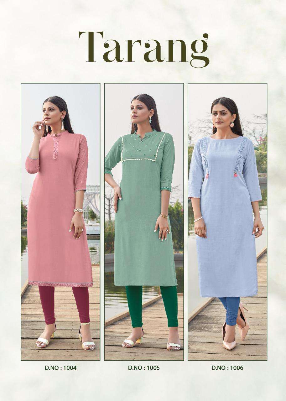 TARANG BY LADY VIEW 1001 TO 1006 SERIES DESIGNER STYLISH FANCY COLORFUL BEAUTIFUL PARTY WEAR & ETHNIC WEAR COLLECTION HEAVY RAYON SLUB EMBROIDERY KURTIS AT WHOLESALE PRICE