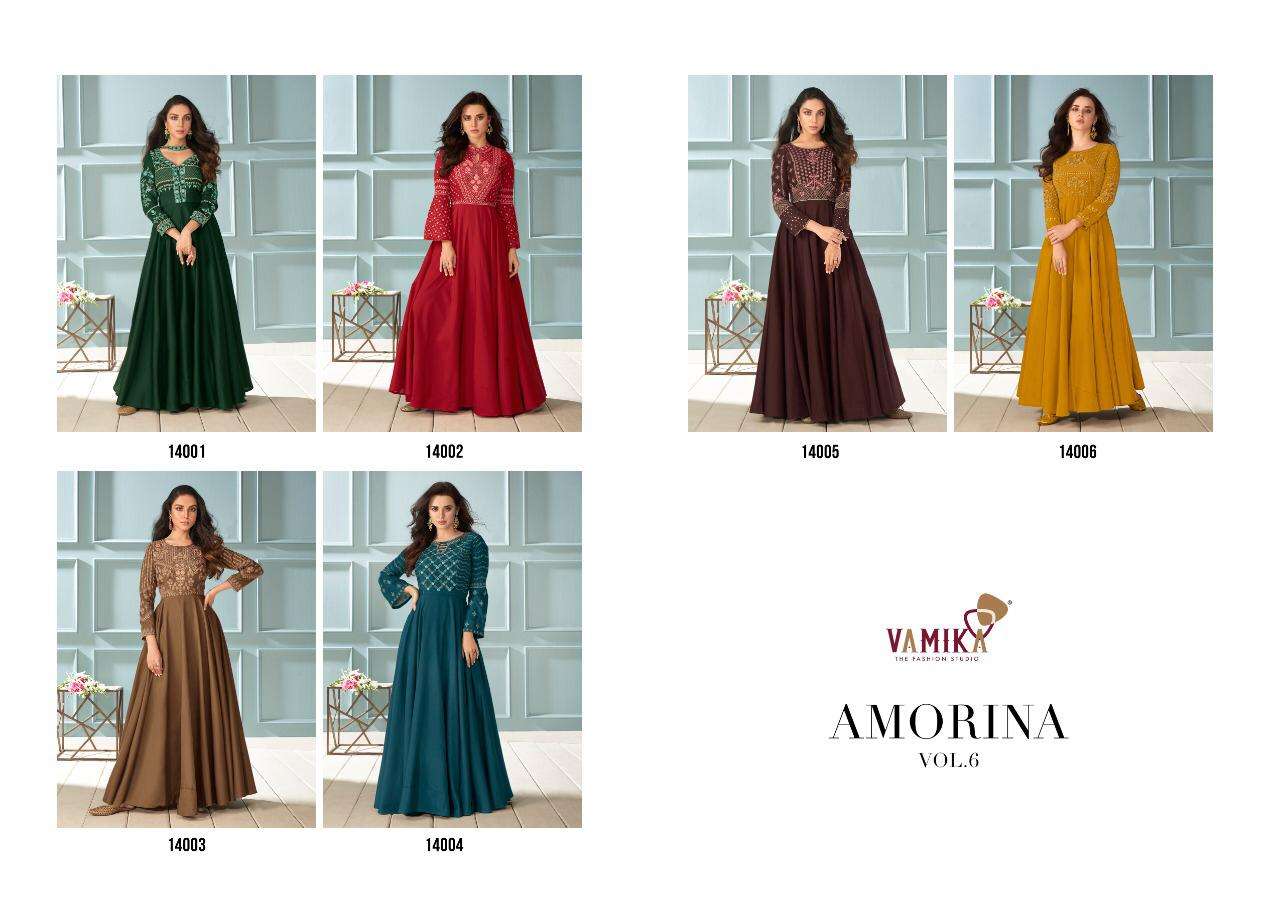 AMORINA VOL-6 BY ARIHANT NX 14001 TO 14006 SERIES DESIGNER WEAR COLLECTION BEAUTIFUL STYLISH FANCY COLORFUL PARTY WEAR & OCCASIONAL WEAR MUSLIN SILK GOWNS AT WHOLESALE PRICE