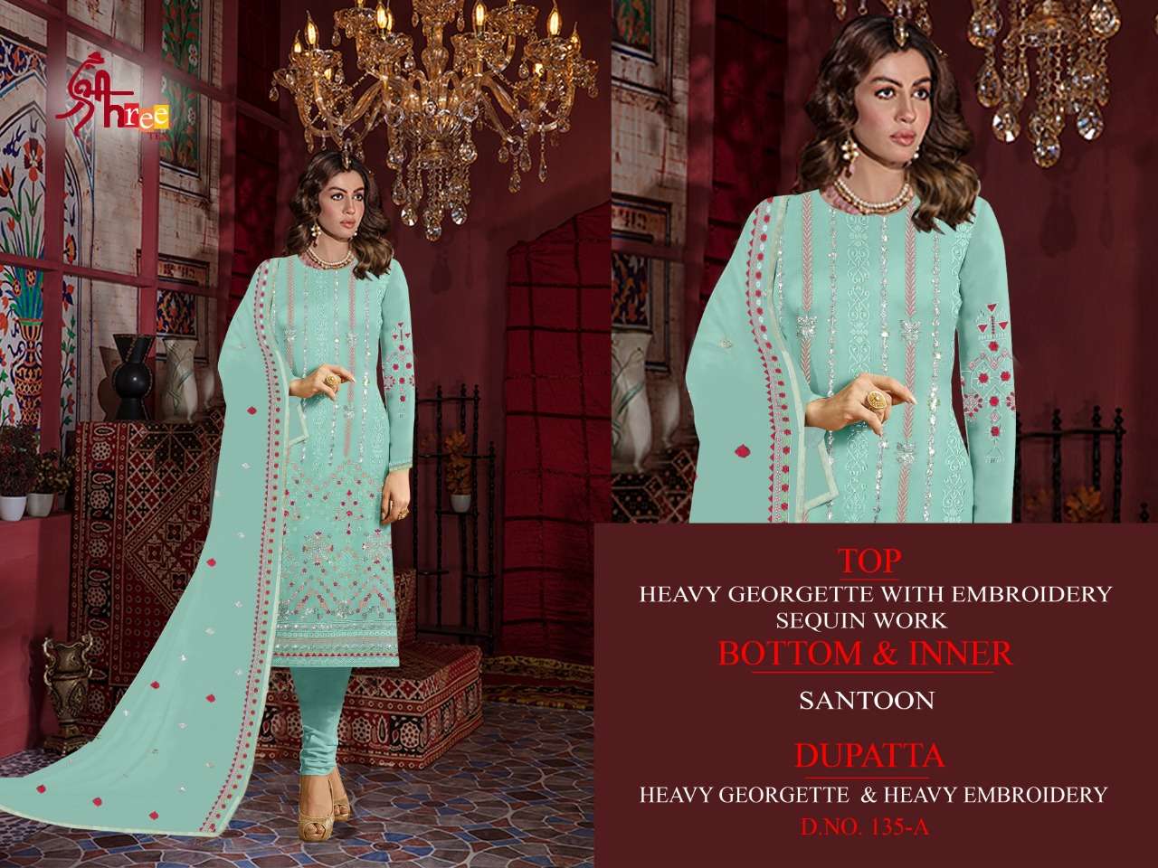 SHREE TEX HIT DESIGN 135 COLOURS BY SHREE TEX 135-A TO 135-D SERIES BEAUTIFUL STYLISH SUITS FANCY COLORFUL CASUAL WEAR & ETHNIC WEAR & READY TO WEAR HEAVY GEORGETTE EMBROIDERY DRESSES AT WHOLESALE PRICE