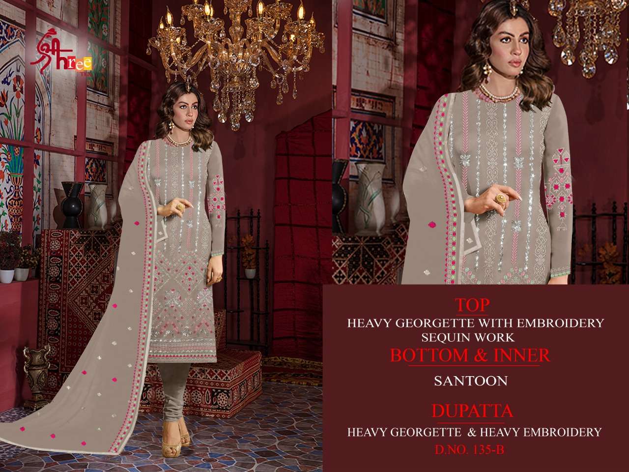 SHREE TEX HIT DESIGN 135 COLOURS BY SHREE TEX 135-A TO 135-D SERIES BEAUTIFUL STYLISH SUITS FANCY COLORFUL CASUAL WEAR & ETHNIC WEAR & READY TO WEAR HEAVY GEORGETTE EMBROIDERY DRESSES AT WHOLESALE PRICE
