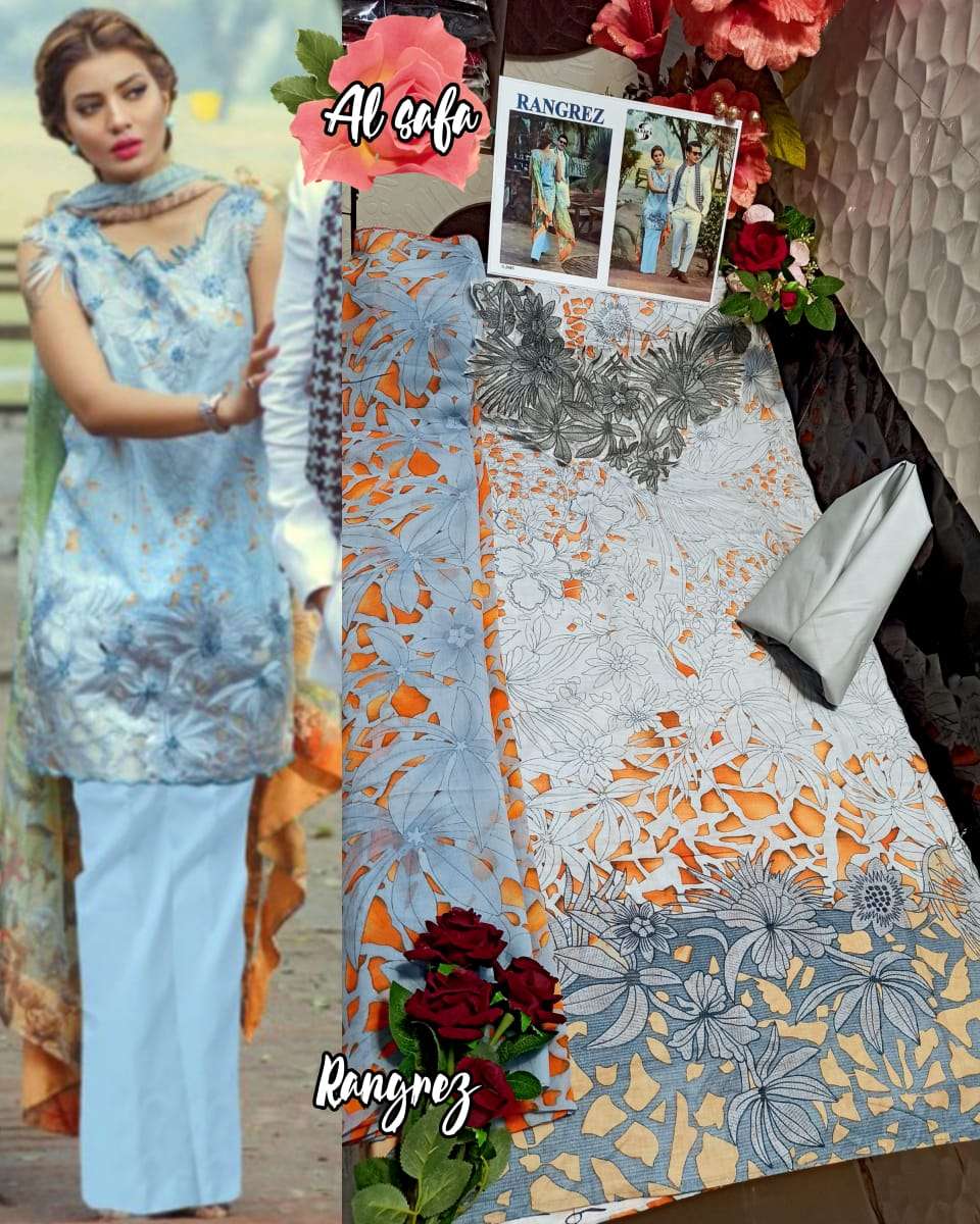 RANGREZ BY AL-SAFA 3005 TO 3009 SERIES DESIGNER PAKISTANI SUITS COLLECTION BEAUTIFUL STYLISH COLORFUL FANCY PARTY WEAR & OCCASIONAL WEAR CAMBRIC COTTON PRINT WITH EMBROIDERY DRESSES AT WHOLESALE PRICE