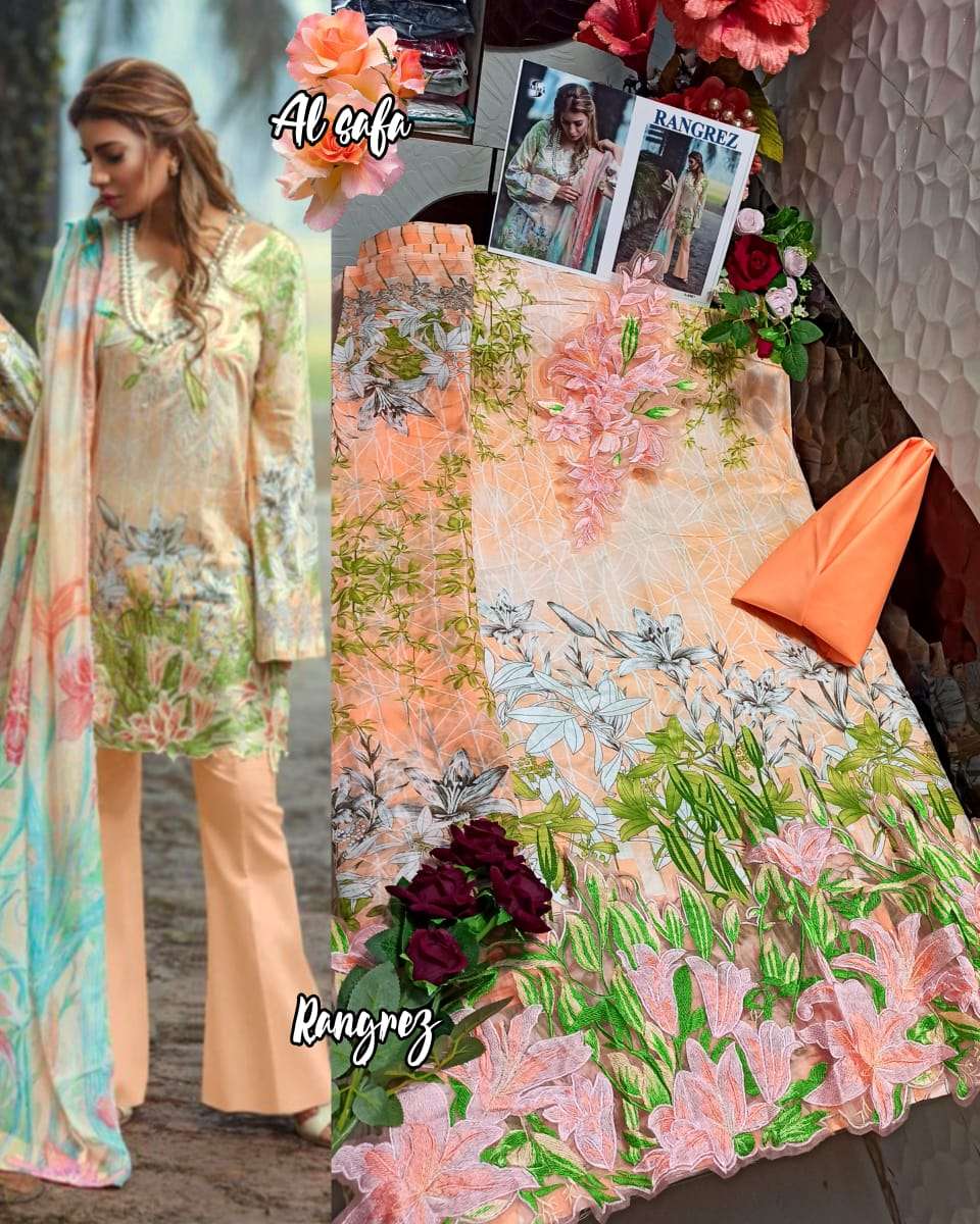 RANGREZ BY AL-SAFA 3005 TO 3009 SERIES DESIGNER PAKISTANI SUITS COLLECTION BEAUTIFUL STYLISH COLORFUL FANCY PARTY WEAR & OCCASIONAL WEAR CAMBRIC COTTON PRINT WITH EMBROIDERY DRESSES AT WHOLESALE PRICE
