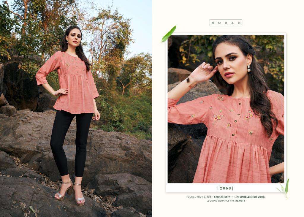 NANO BY NORAH 2068 TO 2073 SERIES DESIGNER STYLISH FANCY COLORFUL BEAUTIFUL PARTY WEAR & ETHNIC WEAR COLLECTION RAYON EMBROIDERY TOPS AT WHOLESALE PRICE