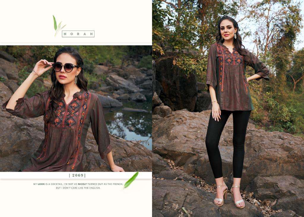 NANO BY NORAH 2068 TO 2073 SERIES DESIGNER STYLISH FANCY COLORFUL BEAUTIFUL PARTY WEAR & ETHNIC WEAR COLLECTION RAYON EMBROIDERY TOPS AT WHOLESALE PRICE