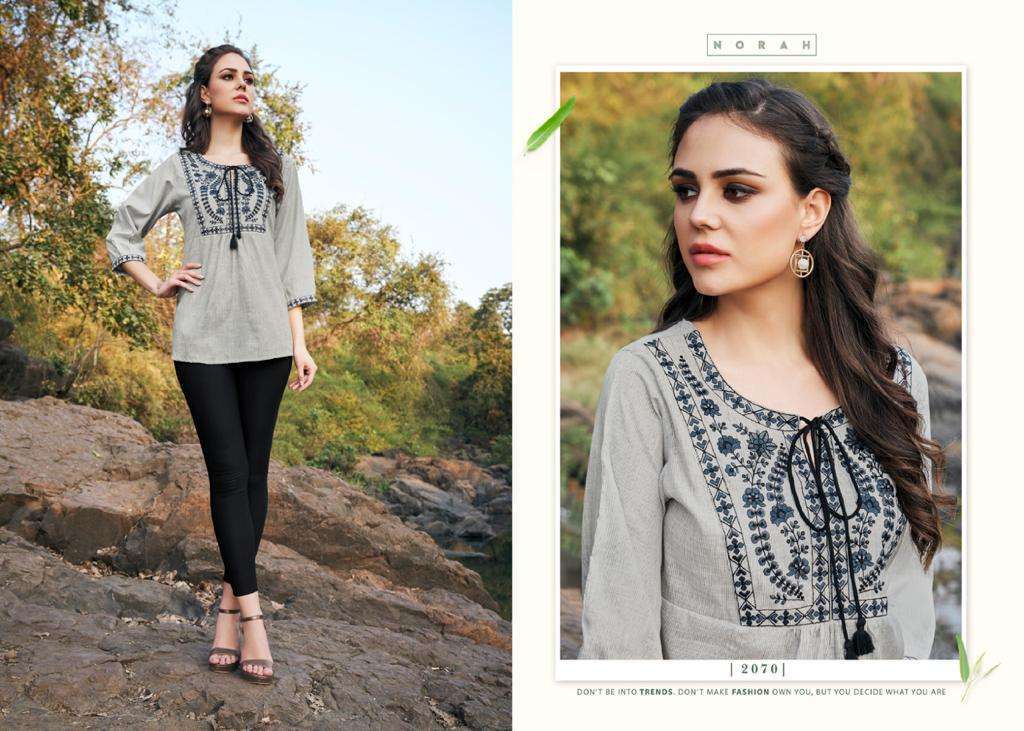 NANO BY NORAH 2068 TO 2073 SERIES DESIGNER STYLISH FANCY COLORFUL BEAUTIFUL PARTY WEAR & ETHNIC WEAR COLLECTION RAYON EMBROIDERY TOPS AT WHOLESALE PRICE