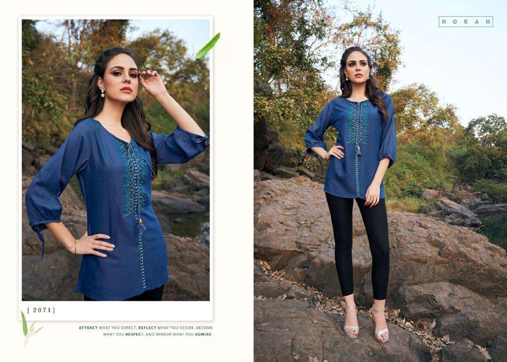 NANO BY NORAH 2068 TO 2073 SERIES DESIGNER STYLISH FANCY COLORFUL BEAUTIFUL PARTY WEAR & ETHNIC WEAR COLLECTION RAYON EMBROIDERY TOPS AT WHOLESALE PRICE