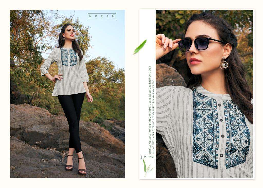 NANO BY NORAH 2068 TO 2073 SERIES DESIGNER STYLISH FANCY COLORFUL BEAUTIFUL PARTY WEAR & ETHNIC WEAR COLLECTION RAYON EMBROIDERY TOPS AT WHOLESALE PRICE