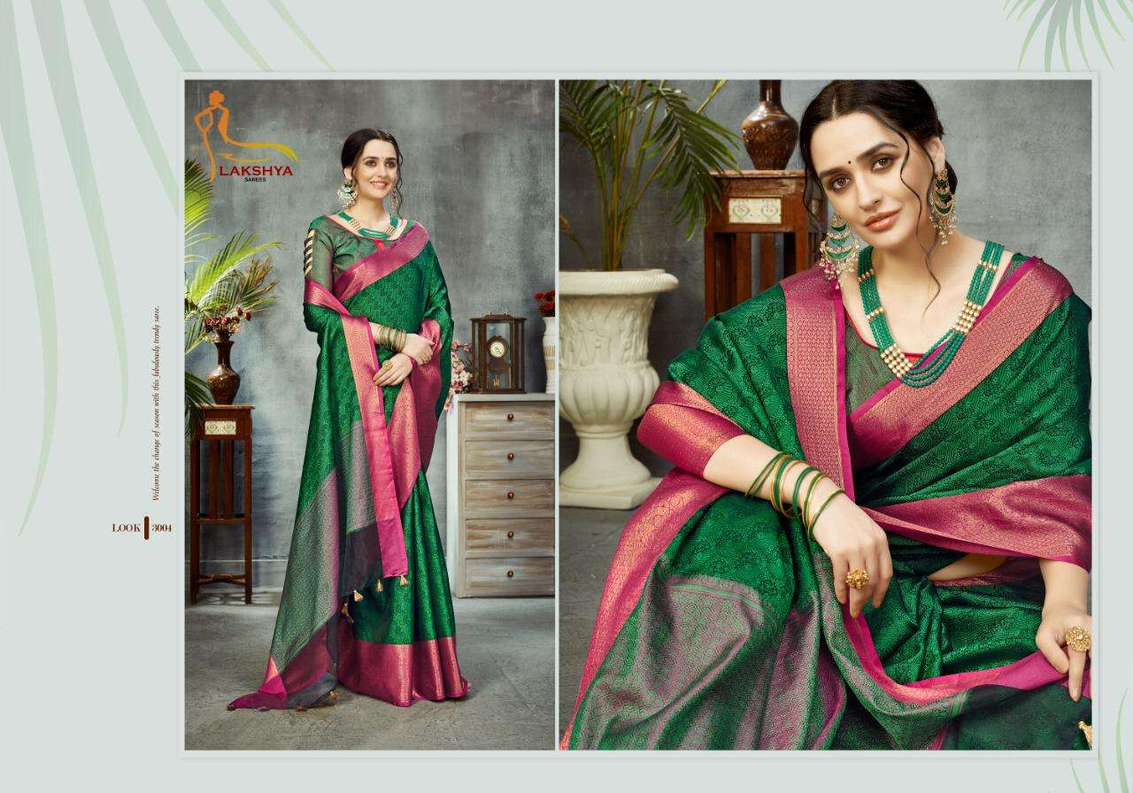 GLAMOUR VOL-1 BY LAKSHYA 3001 TO 3005 SERIES INDIAN TRADITIONAL WEAR COLLECTION BEAUTIFUL STYLISH FANCY COLORFUL PARTY WEAR & OCCASIONAL WEAR PURE BANARASI SILK SAREES AT WHOLESALE PRICE