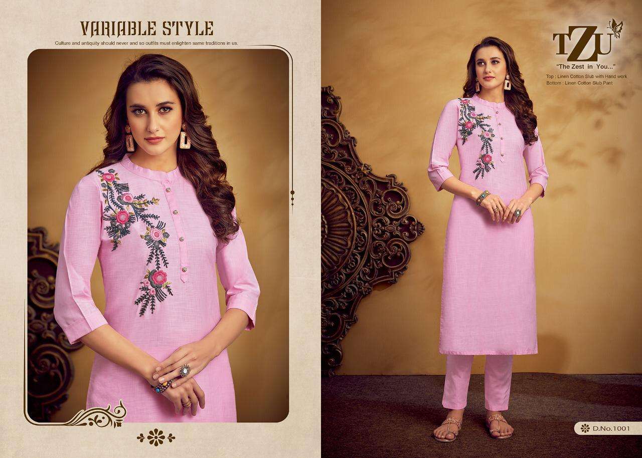 AMAYA BY TZU 1001 TO 1004 SERIES DESIGNER STYLISH FANCY COLORFUL BEAUTIFUL PARTY WEAR & ETHNIC WEAR COLLECTION LINEN COTTON KURTIS WITH BOTTOM AT WHOLESALE PRICE