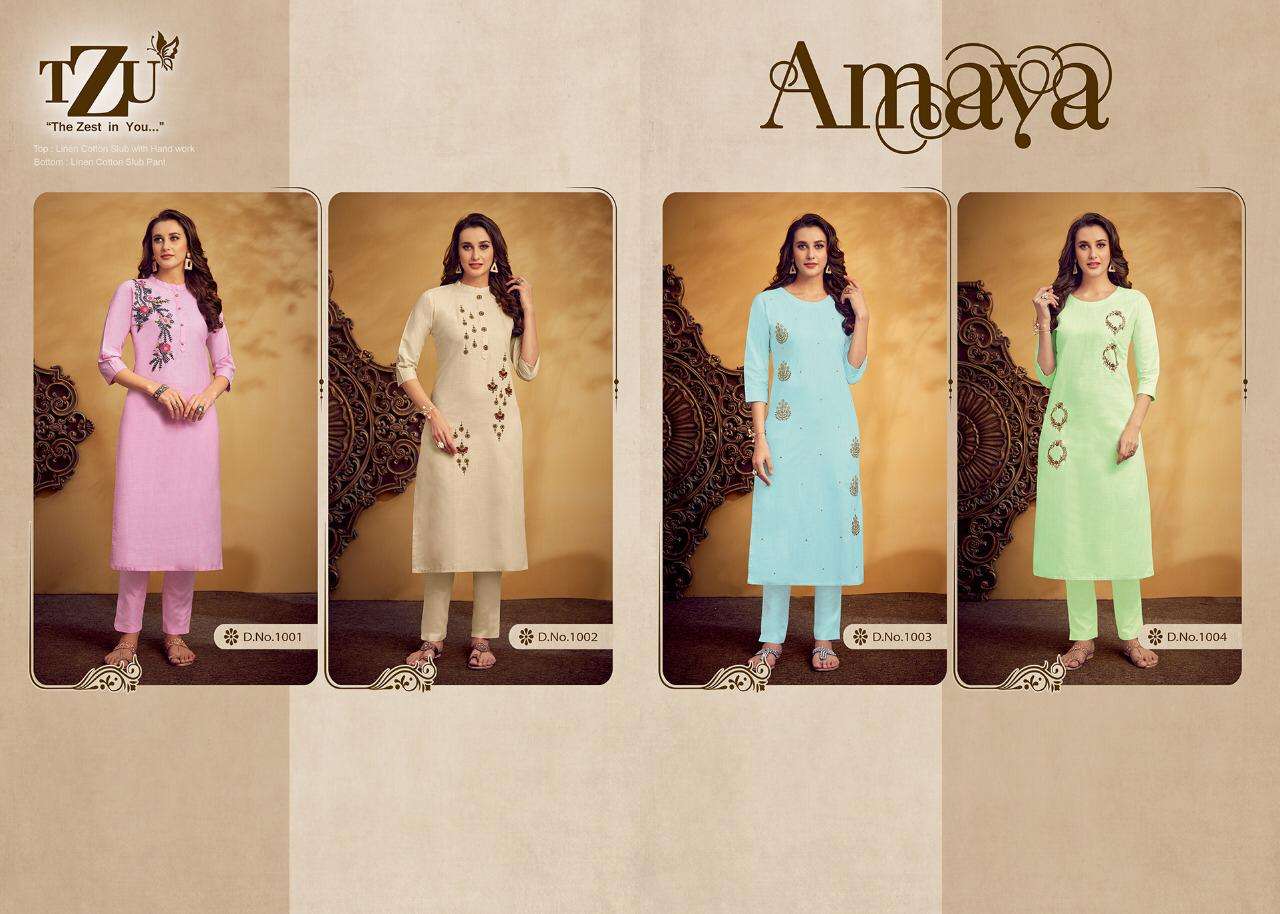 AMAYA BY TZU 1001 TO 1004 SERIES DESIGNER STYLISH FANCY COLORFUL BEAUTIFUL PARTY WEAR & ETHNIC WEAR COLLECTION LINEN COTTON KURTIS WITH BOTTOM AT WHOLESALE PRICE
