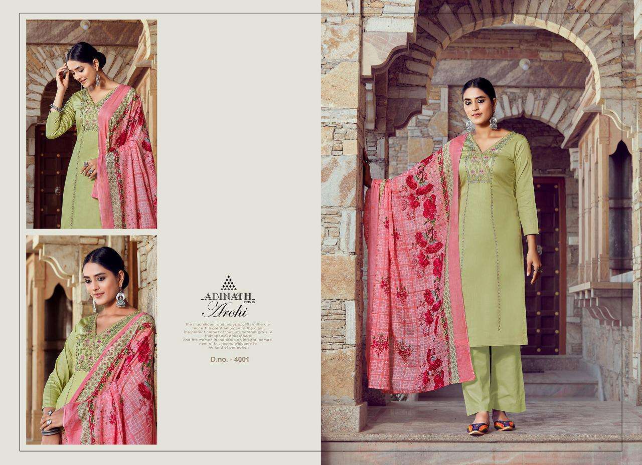AROHI BY ADINATH PRINTS 4001 TO 4007 SERIES BEAUTIFUL SUITS COLORFUL STYLISH FANCY CASUAL WEAR & ETHNIC WEAR HEAVY JAM COTTON PRINT WITH EMBROIDERY DRESSES AT WHOLESALE PRICE