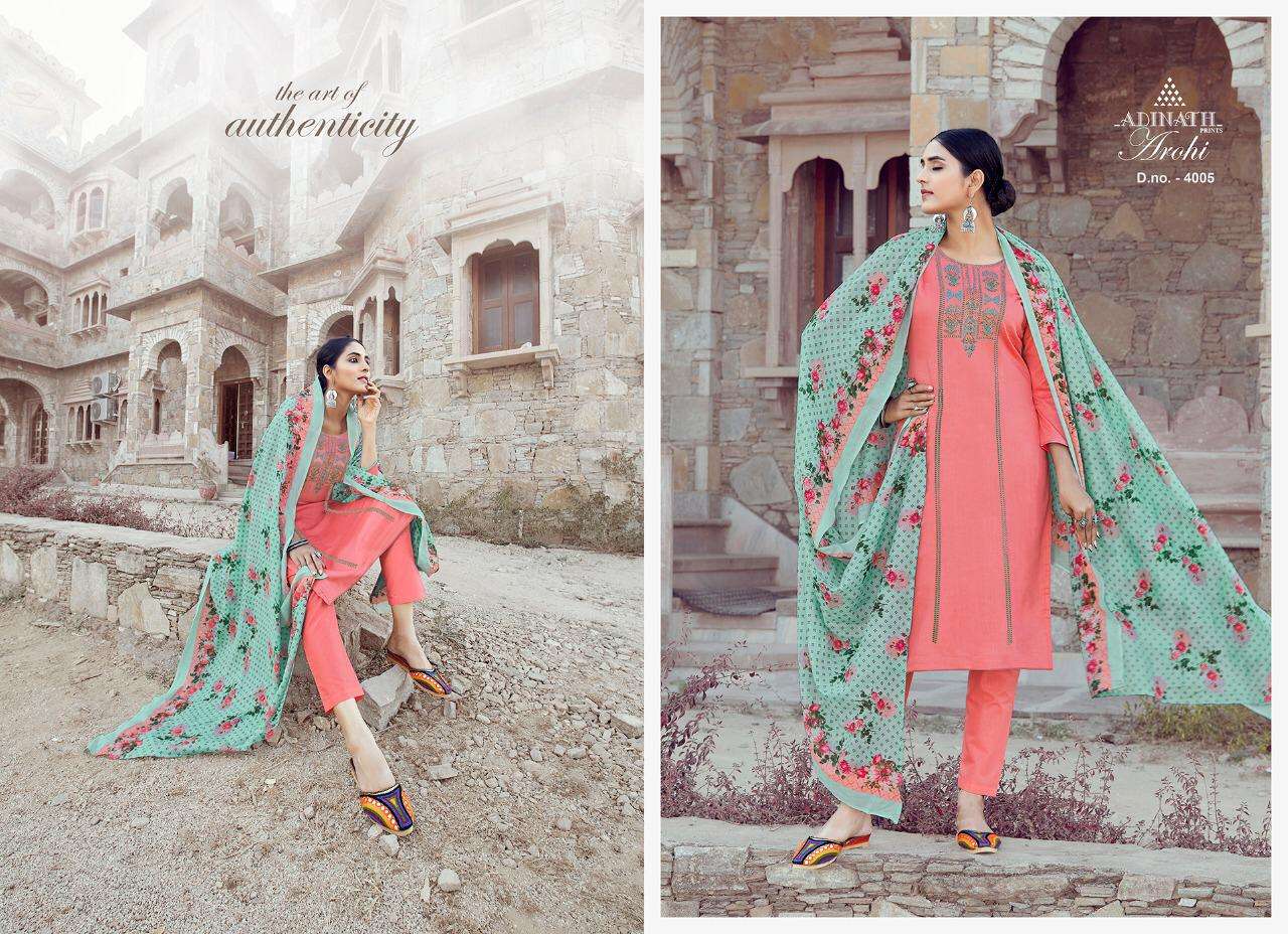 AROHI BY ADINATH PRINTS 4001 TO 4007 SERIES BEAUTIFUL SUITS COLORFUL STYLISH FANCY CASUAL WEAR & ETHNIC WEAR HEAVY JAM COTTON PRINT WITH EMBROIDERY DRESSES AT WHOLESALE PRICE