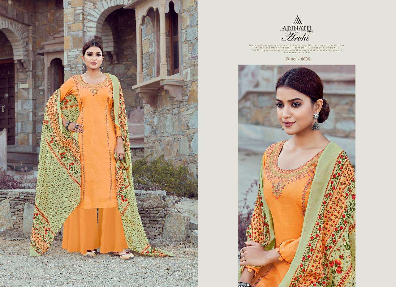 AROHI BY ADINATH PRINTS 4001 TO 4007 SERIES BEAUTIFUL SUITS COLORFUL STYLISH FANCY CASUAL WEAR & ETHNIC WEAR HEAVY JAM COTTON PRINT WITH EMBROIDERY DRESSES AT WHOLESALE PRICE