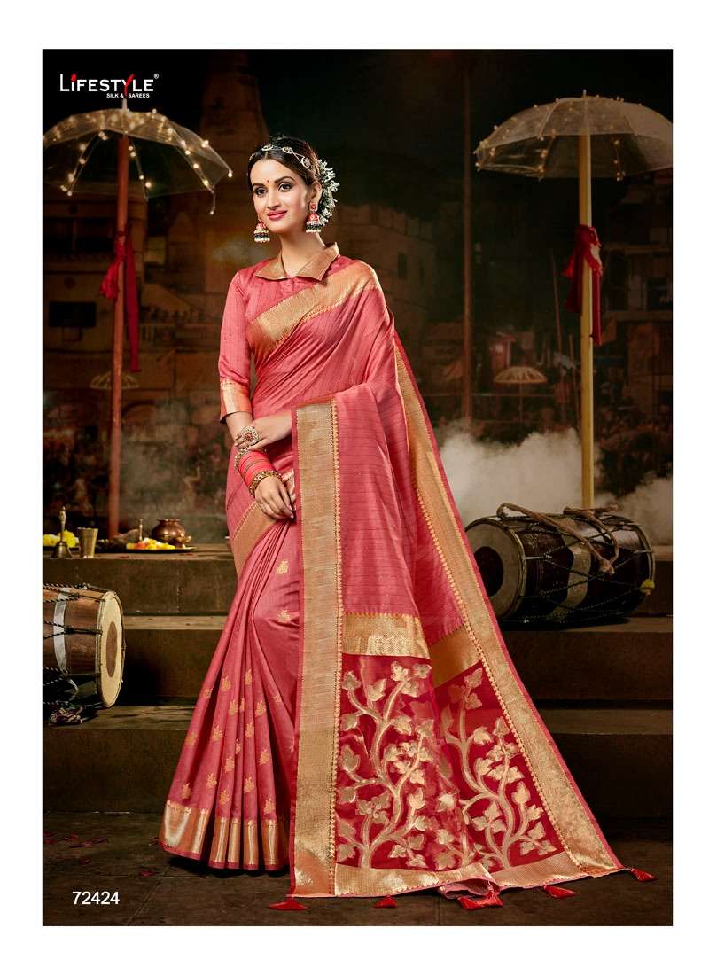 RANG RACHNA BY LIFESTYLE 72421 TO 72426 SERIES INDIAN TRADITIONAL WEAR COLLECTION BEAUTIFUL STYLISH FANCY COLORFUL PARTY WEAR & OCCASIONAL WEAR COTTON TISSUE SAREES AT WHOLESALE PRICE