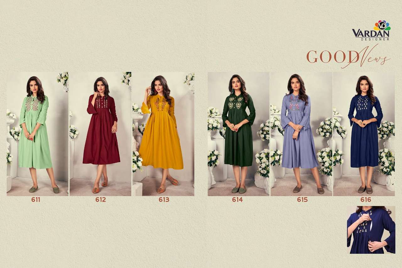 Good News Vol-1 By Vardan Designer 611 To 616 Series Designer Stylish Fancy Colorful Beautiful Party Wear & Ethnic Wear Collection Heavy Rayon Embroidery Kurtis At Wholesale Price