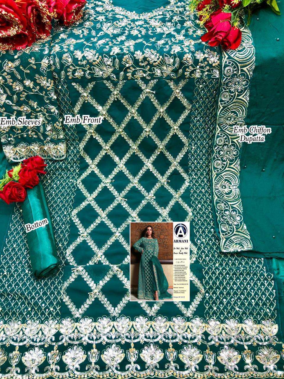 RIMISHA 06 NEW COLOURS BY ARMANI DESIGNER SUITS BEAUTIFUL FANCY COLORFUL STYLISH PARTY WEAR & OCCASIONAL WEAR FAUX GEORGETTE HEAVY EMBROIDERED DRESSES AT WHOLESALE PRICE